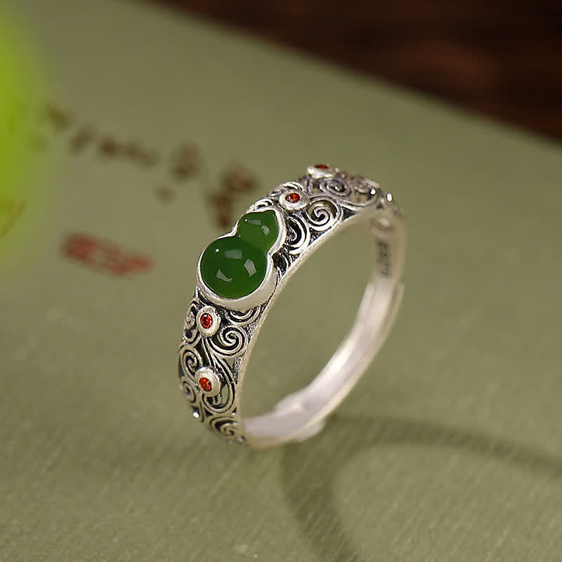 Fortune Jewel 925 Sterling Silver Red Agate Cyan Jade Gourd Blessing Auspicious Ring