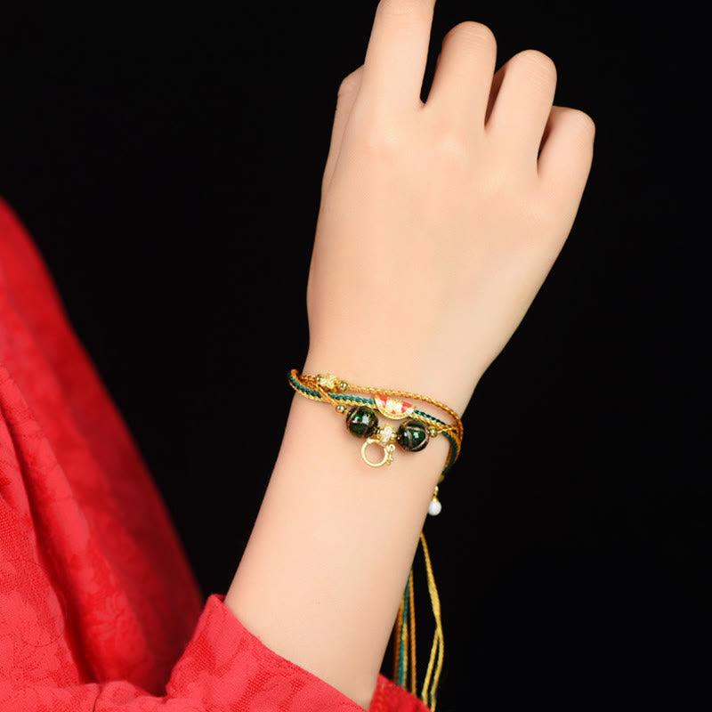 Fortune Jewel Tibetan Handmade Rope Liuli Glass Bead Braided Multilayered Healing Bracelet
