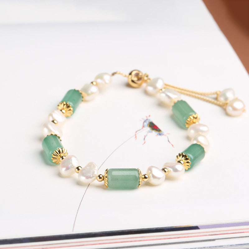 Fortune Jewel Green Aventurine Pearl Pink Crystal Bead Luck Bracelet