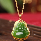 Fortune Jewel 925 Sterling Silver Natural Hetian Cyan Jade Laughing Buddha 18K Gold Healing Necklace Chain Pendant Fortune Jewel