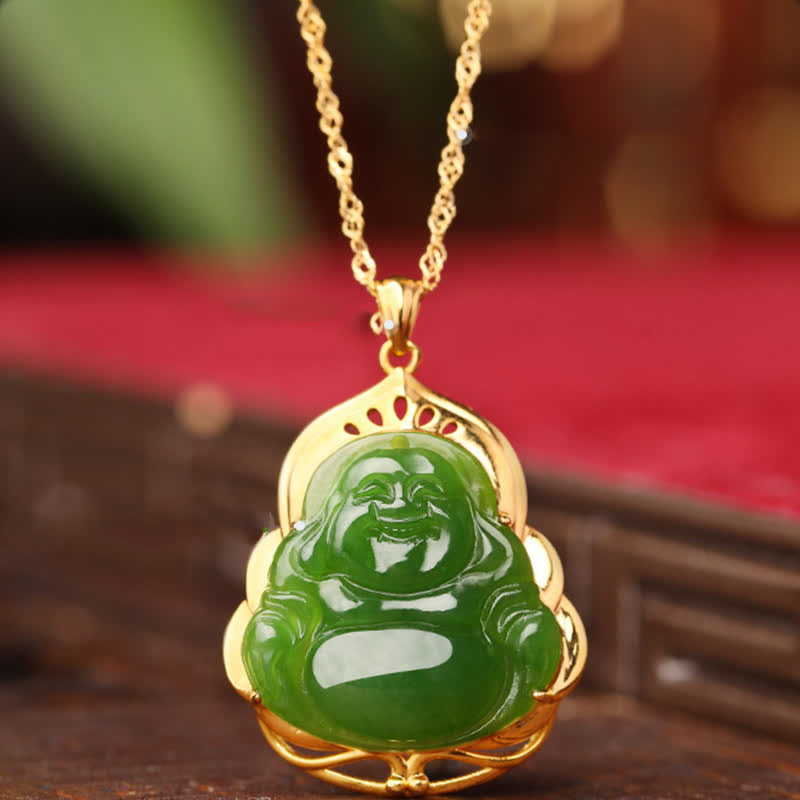 Fortune Jewel 925 Sterling Silver Natural Hetian Cyan Jade Laughing Buddha 18K Gold Healing Necklace Chain Pendant Fortune Jewel