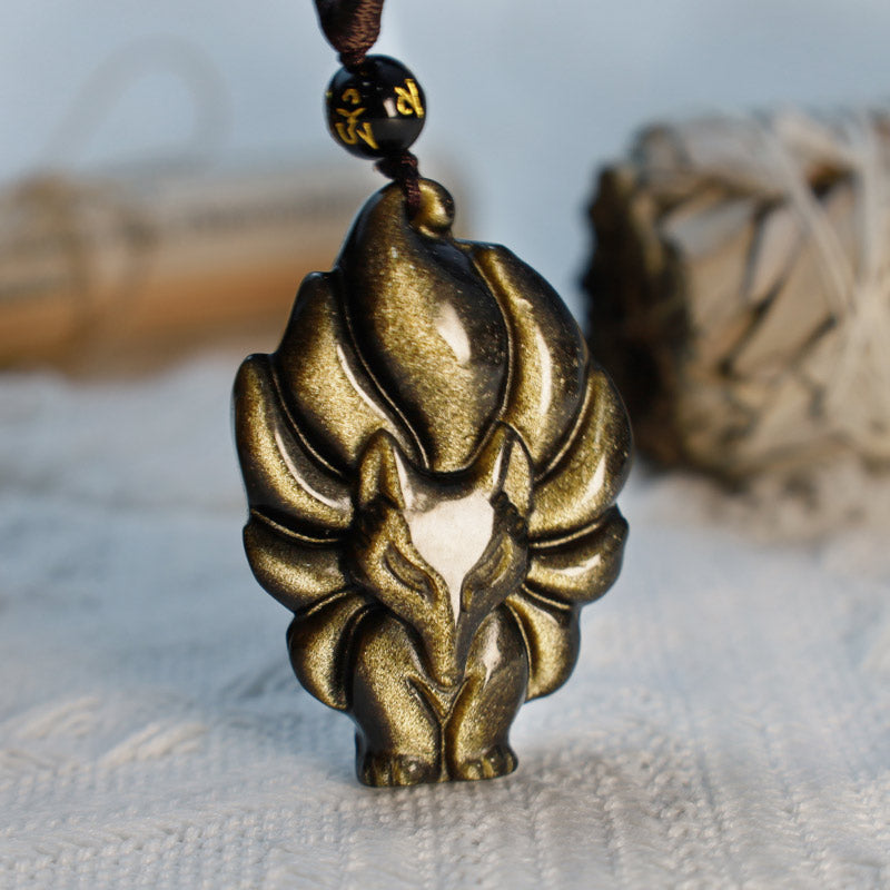 Fortune Jewel Natural Rainbow Obsidian Gold Sheen Obsidian Nine Tailed Fox Positive Necklace Pendant