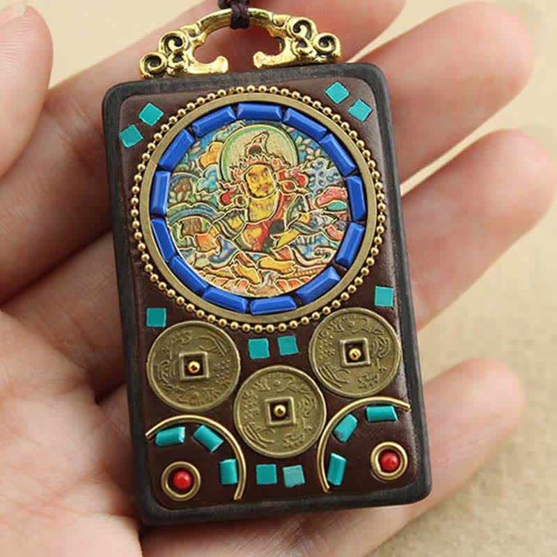 Fortune Jewel Tibet God of Wealth Thangka Ebony Peace Necklace Pendant