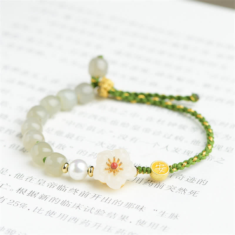 Fortune Jewel 925 Sterling Silver Natural Hetian Jade Peach Blossom Luck Bracelet