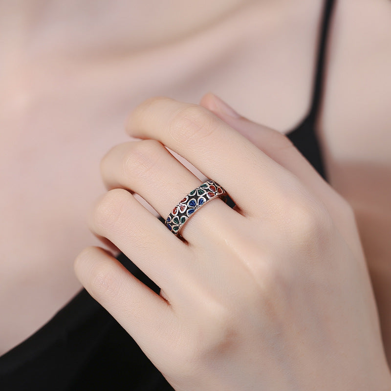 Fortune Jewel Colorful Plum Blossoms Design Healing Copper Adjustable Ring