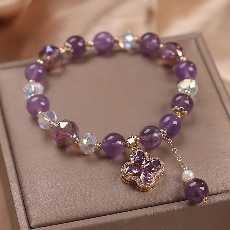 Buddha Stones "All the best for Calm and Wisdom" Amethyst Flower Bracelet Includes Gift Message Card Fortune Jewel