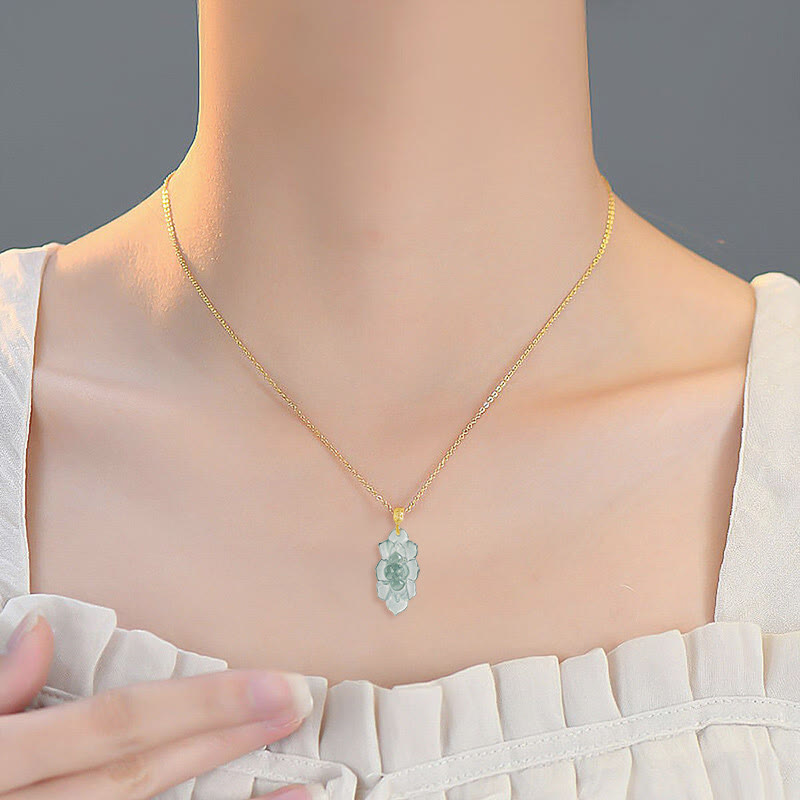 Fortune Jewel Natural Jade Lotus Pattern Prosperity Titanium Steel Chain Necklace Pendant Fortune Jewel