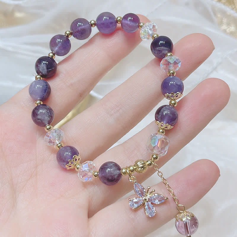 Fortune Jewel Natural Amethyst Crystal Spiritual Butterfly Charm Bracelet