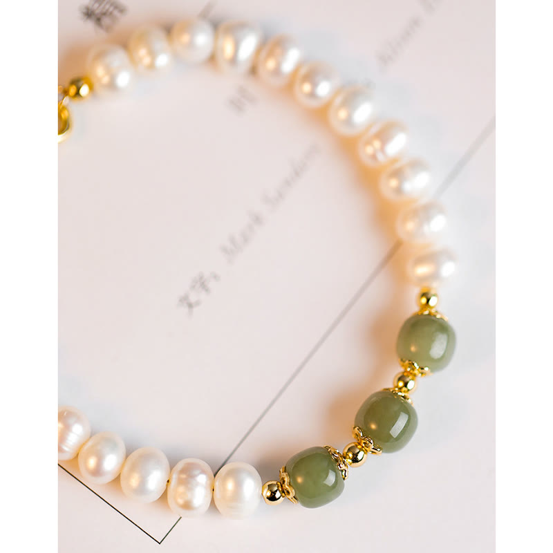 Fortune Jewel 14K Gold Plated Natural Pearl Hetian Cyan Jade White Jade Sincerity Bead Chain Bracelet