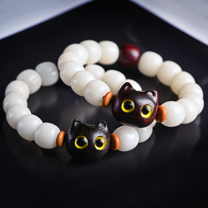 Fortune Jewel Natural Bodhi Seed Small Leaf Red Sandalwood Ebony Wood Cute Lucky Cat Wisdom Bracelet