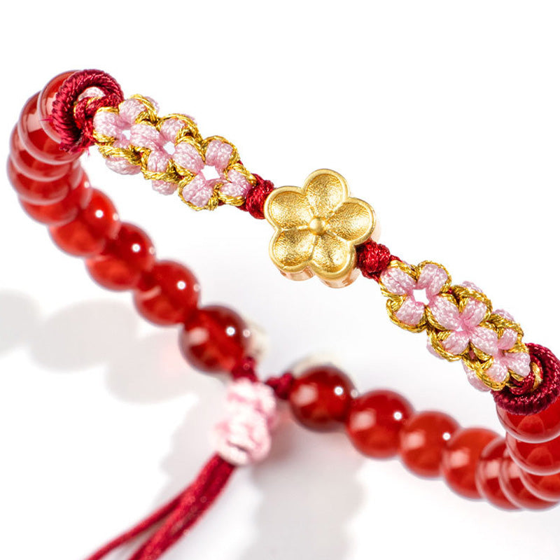 Fortune Jewel 999 Sterling Silver Natural Red Agate Pink Crystal Cherry blossom Bracelet