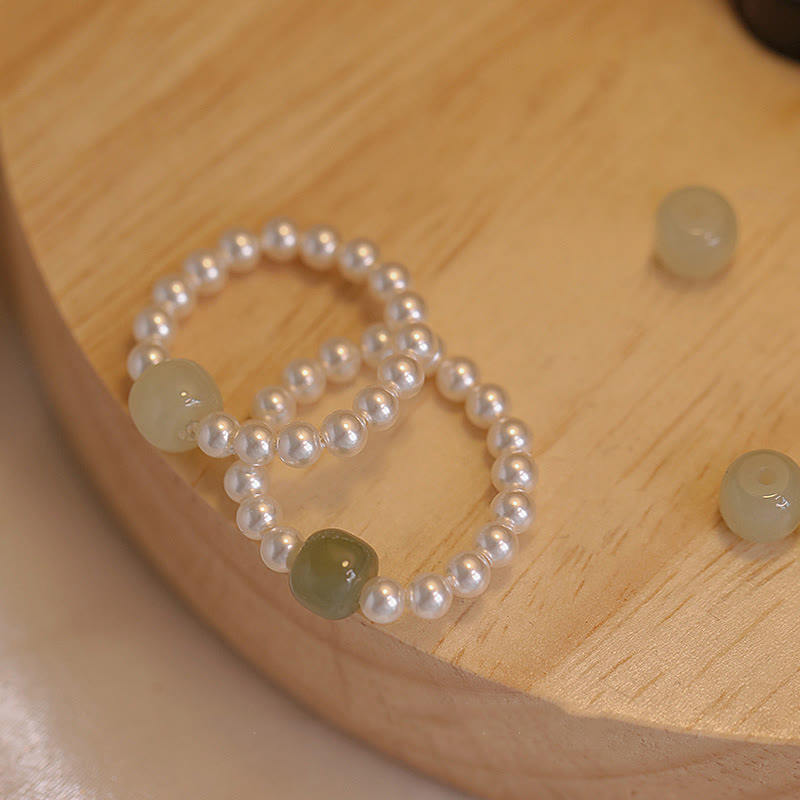 Fortune Jewel Round Jade Pearl Beads Luck Ring