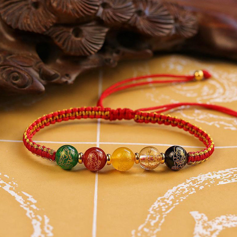 Fortune Jewel Five Directions Gods of Wealth Agate Handmade Protection String Braid Bracelet
