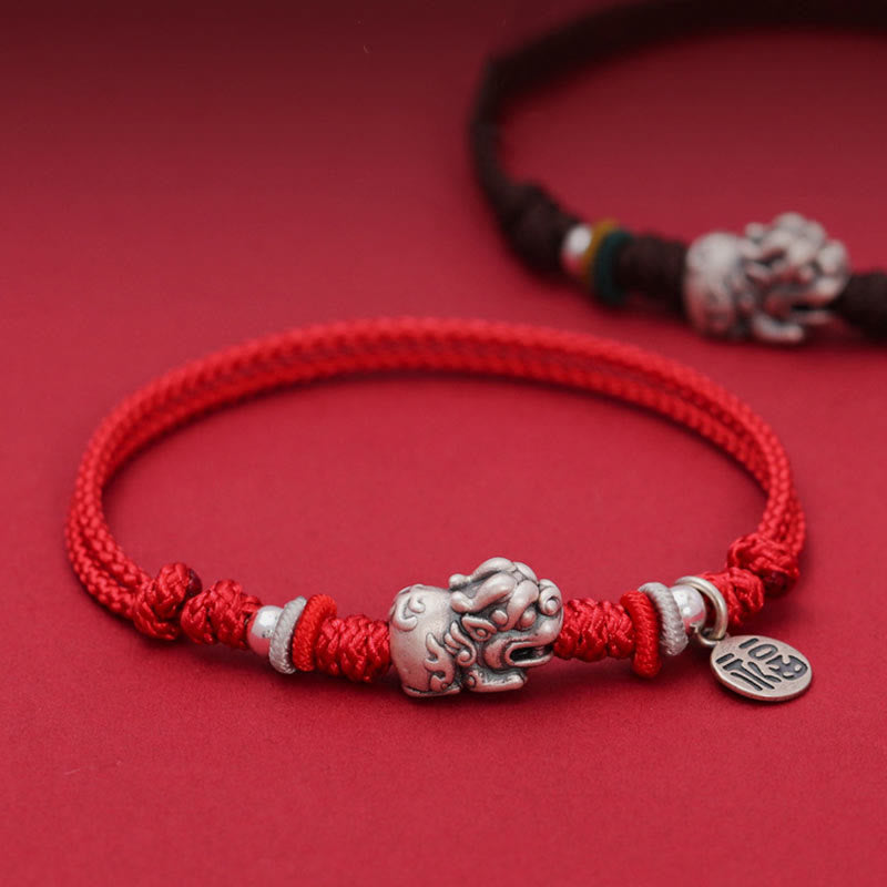 Fortune Jewel 925 Sterling Silver PiXiu Fu Character Wealth Luck Handmade Braided Bracelet