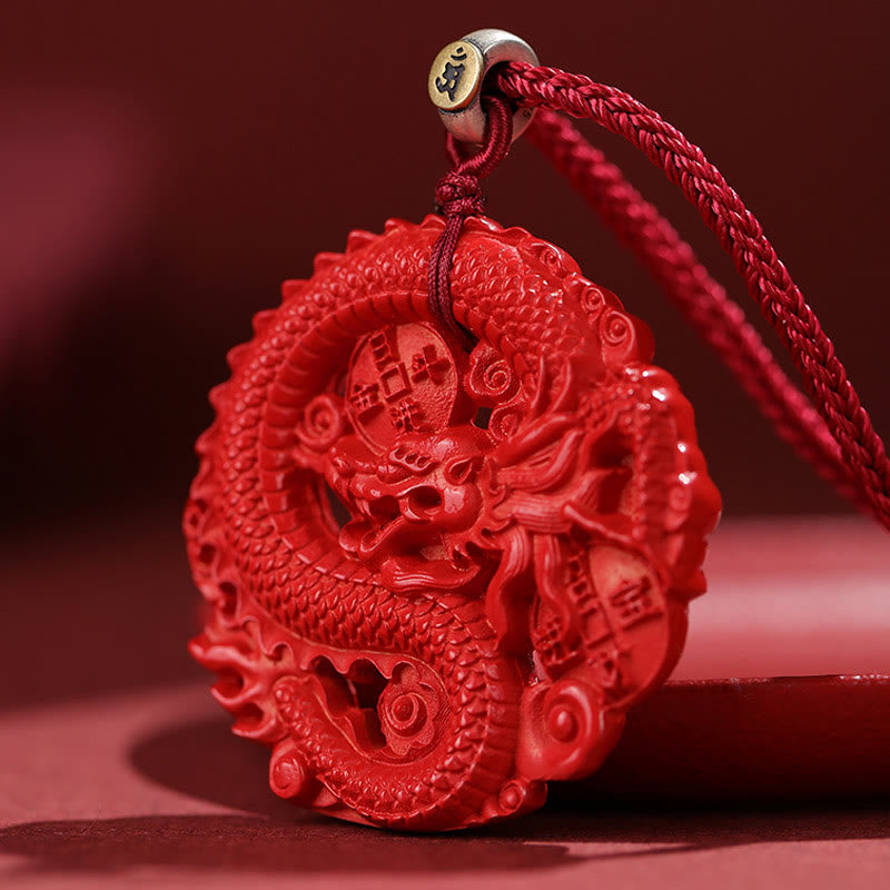 Fortune Jewel Year of the Dragon 925 Sterling Silver Natural Cinnabar Copper Coin Luck Necklace Pendant