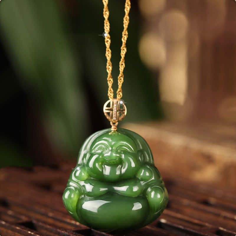 Fortune Jewel 925 Sterling Silver Laughing Buddha Hetian Cyan Jade 18K Gold Success Necklace Chain Pendant Fortune Jewel