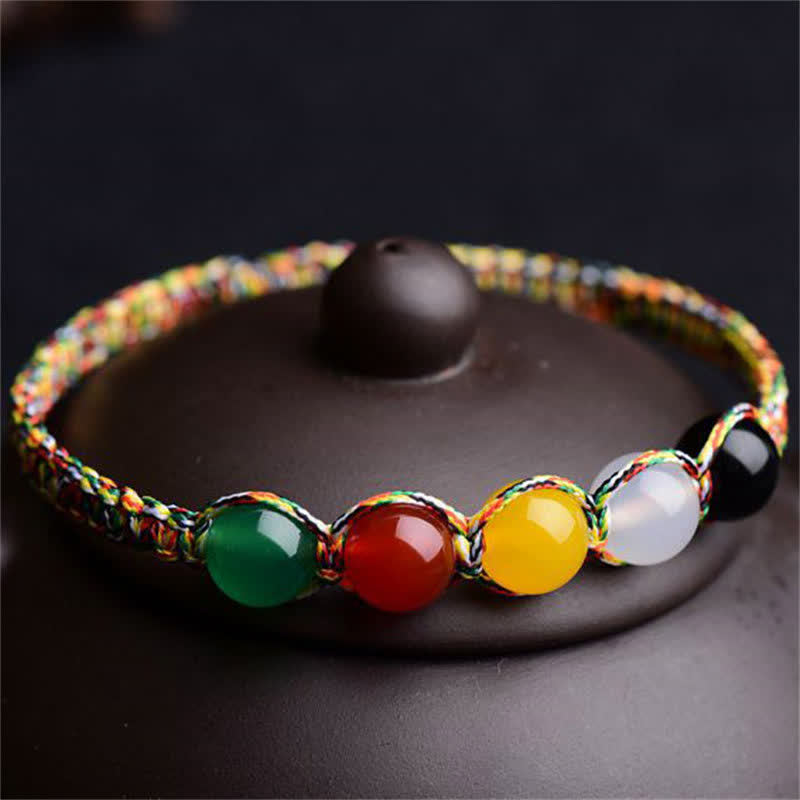 Fortune Jewel Colorful Agate Metal Wood Water Fire Earth Five Elements String Bracelet