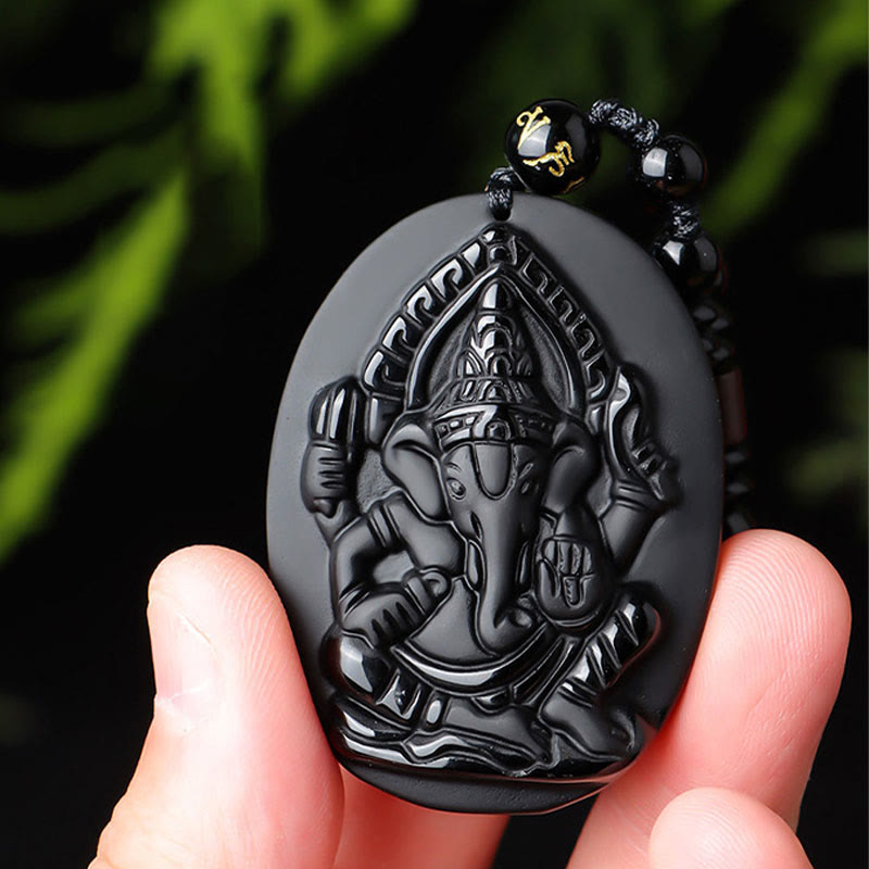 Fortune Jewel Tibetan Obsidian Ganesh Ganpati Elephant Wealth Amulet Necklace