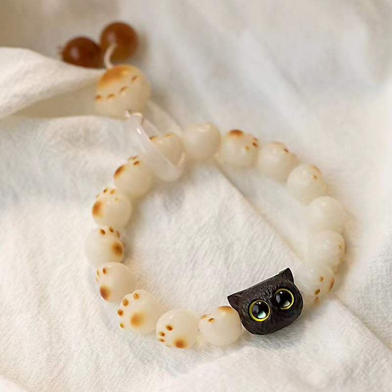 Fortune Jewel Natural Bodhi Seed Red Sandalwood Lovely Paw Lucky Cat Peace Bracelet
