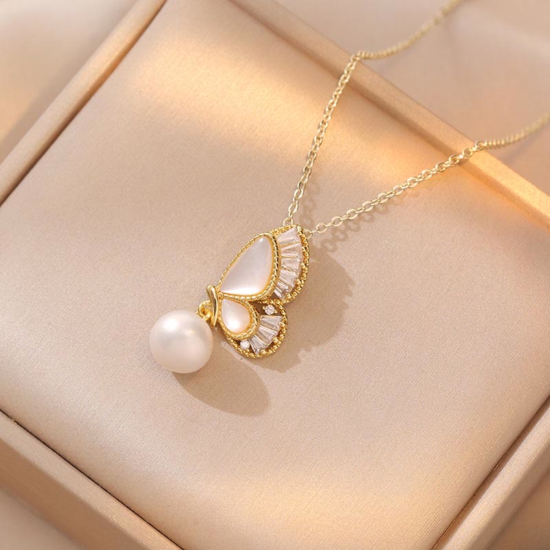 Fortune Jewel Tridacna Stone Pearl Bead Butterfly Healing Necklace Pendant Earrings Set