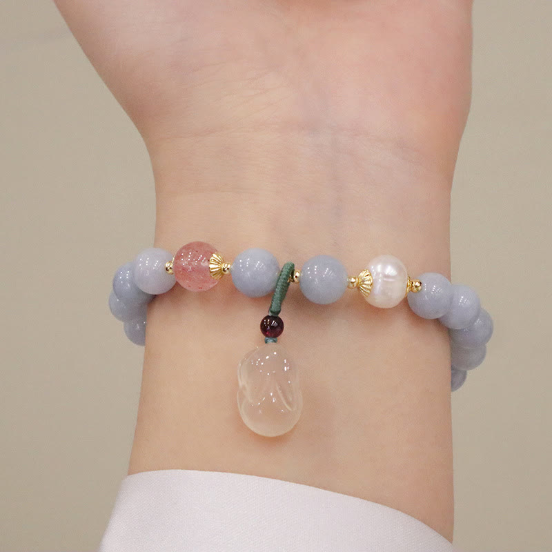 Fortune Jewel Natural Aquamarine Chalcedony Serenity Rabbit Gourd Cat Charm Bracelet