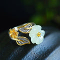 Fortune Jewel 925 Silver Plated Copper White Jade Plum Flower Leaf Luck Ring