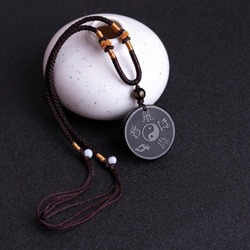 Fortune Jewel Natural Black Obsidian Taoism Five Sacred Mountains Nine-Character Mantra Carved Strength Yin Yang Necklace Pendant Key Chain