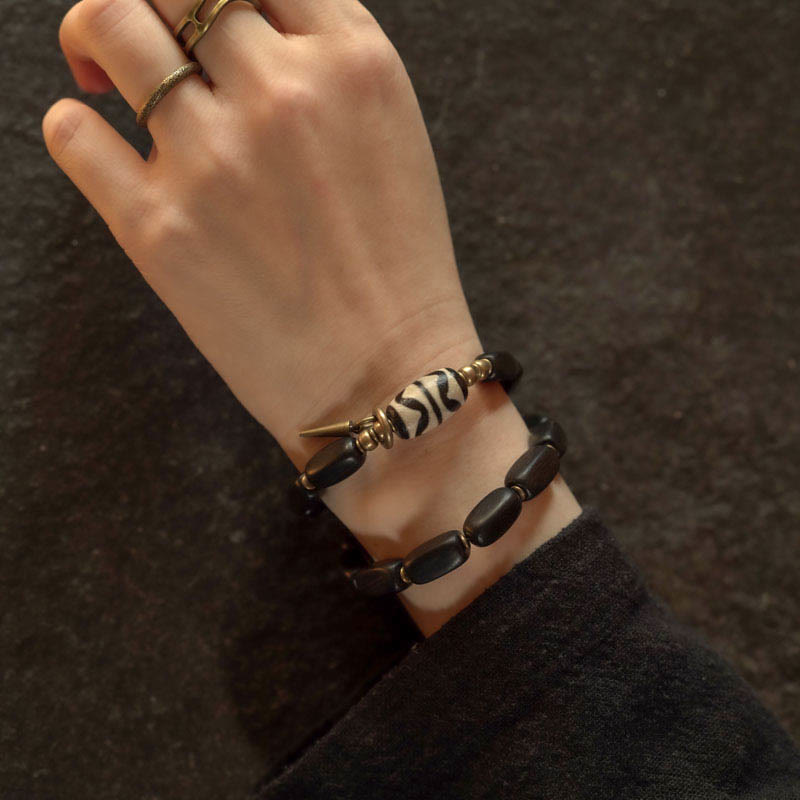 Fortune Jewel Tibet Ebony Wood Dzi Bead Copper Balance Double Wrap Bracelet