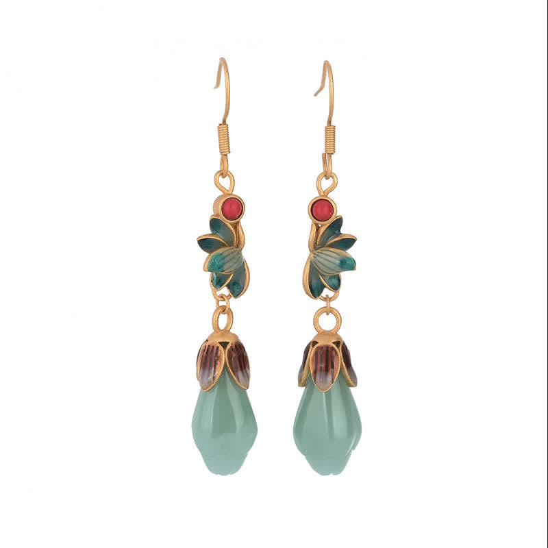 Fortune Jewel Magnolia Flower Jade Pattern Luck Prosperity Drop Dangle Earrings