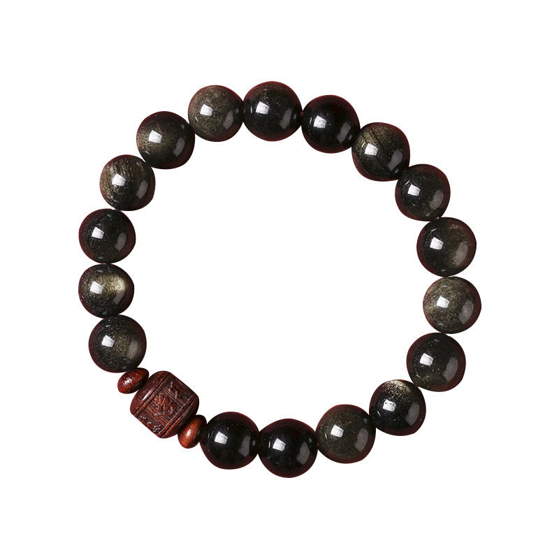 Fortune Jewel Natural Gold Sheen Obsidian Rainbow Obsidian Om Mani Padme Hum Fu Character Healing Bracelet