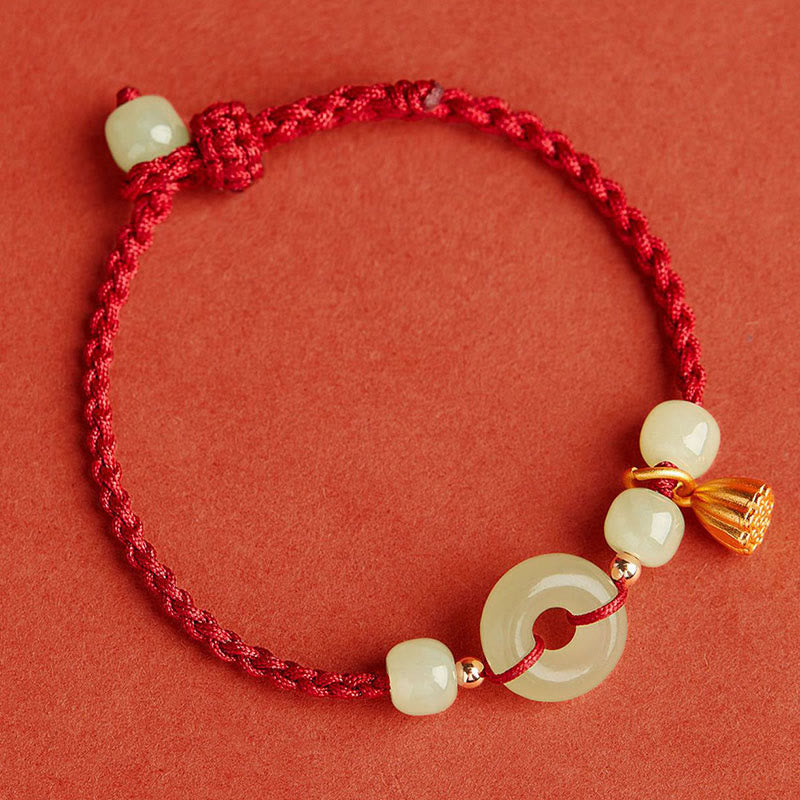 Fortune Jewel Round Peace Buckle Jade Lotus Happiness Abundance Wealth String Bracelet