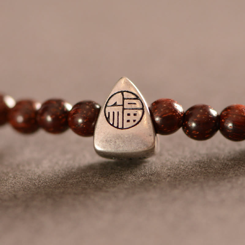 Fortune Jewel 925 Sterling Silver Indian Small Leaf Red Sandalwood Fu Character Protection Triple Wrap Bracelet