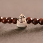 Fortune Jewel 925 Sterling Silver Indian Small Leaf Red Sandalwood Fu Character Protection Triple Wrap Bracelet