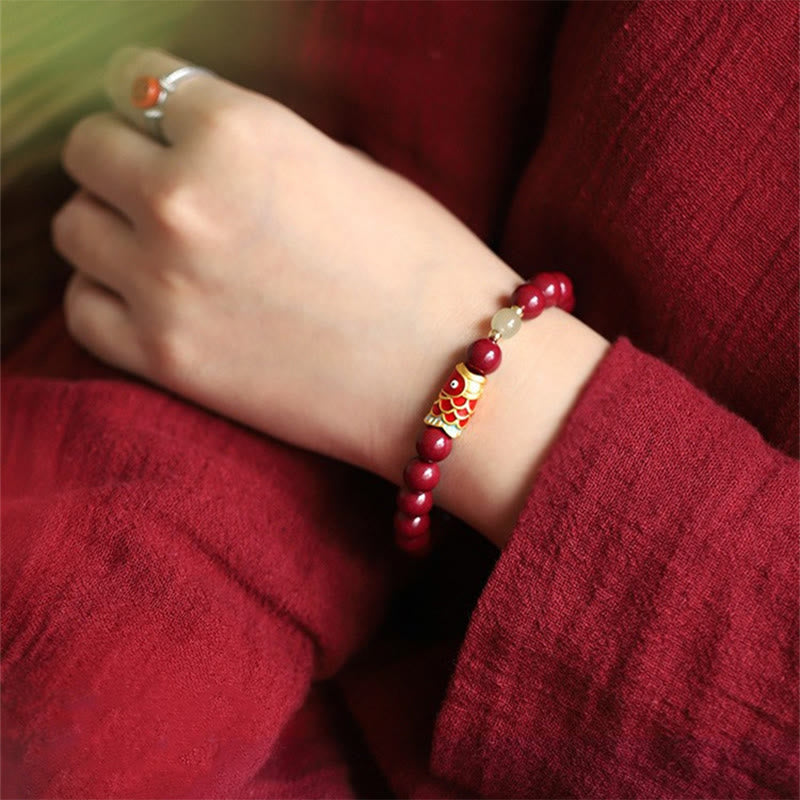 Fortune Jewel Natural Cinnabar Lucky Koi Fish Hetian Jade Bead Blessing Bracelet