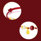 Fortune Jewel 24K Gold Plated Hetian White Jade Cinnabar Lotus Luck Rope Bracelet