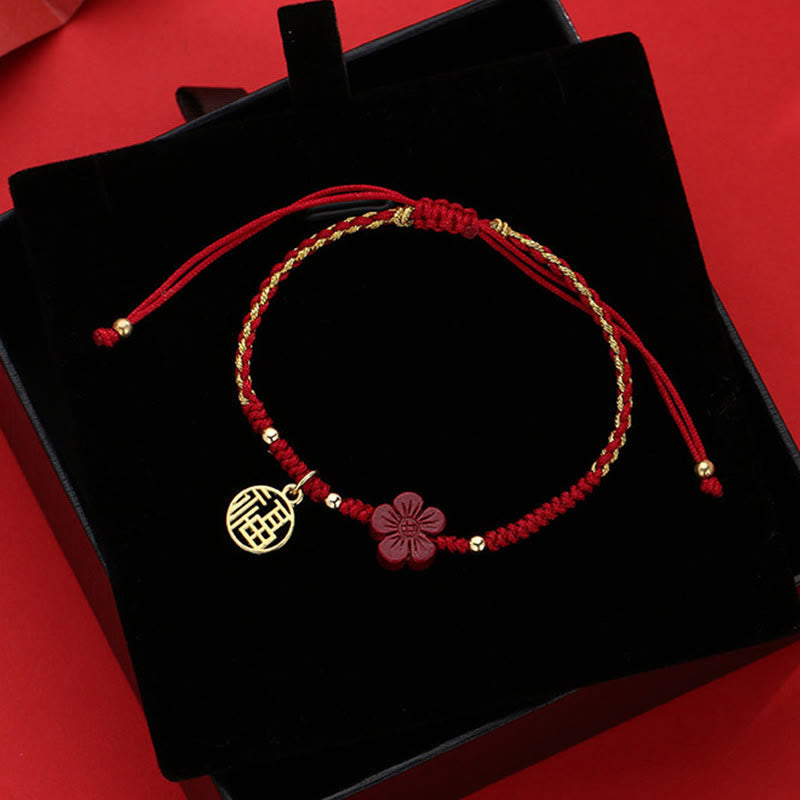 Fortune Jewel Cinnabar Flower Fu Character Blessing Braided String Bracelet