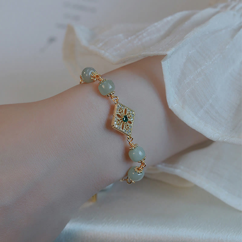 Fortune Jewel Natural Hetian Jade Bead Square Pattern Luck Chain Bracelet