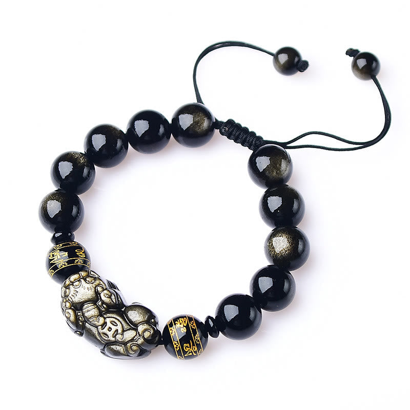 Fortune Jewel Natural Gold Sheen Obsidian PiXiu Om Mani Padme Hum Wealth Braided Bracelet