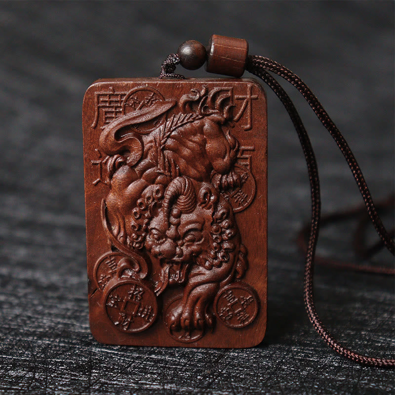 Fortune Jewel Natural Lightning Struck Jujube Wood PiXiu Copper Coin Good Fortune Necklace Pendant
