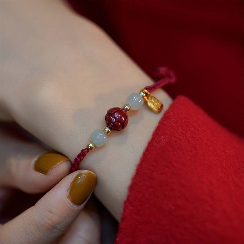 Fortune Jewel Cinnabar Jade Lotus Calm Red String Weave Bracelet