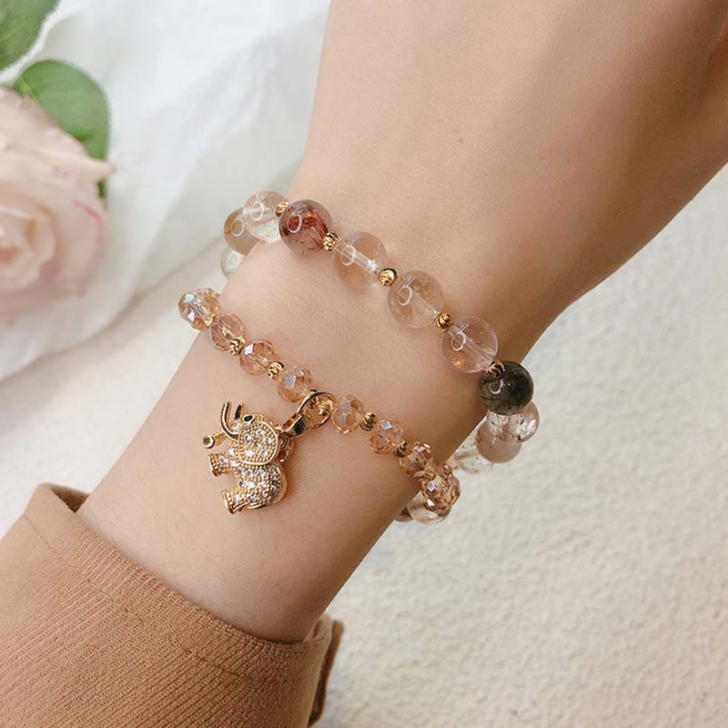 Fortune Jewel Rose Quartz Elephant Healing Energy Charm Bracelet