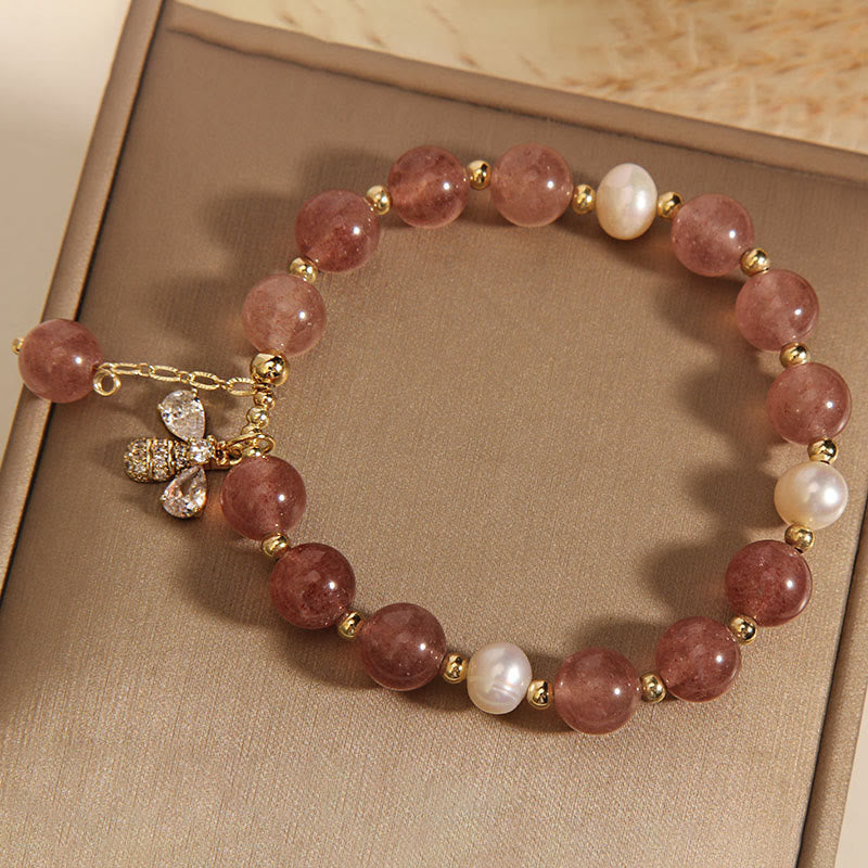 Fortune Jewel Strawberry Quartz Pearl Cute Zircon Honeybee Positive Charm Bracelet