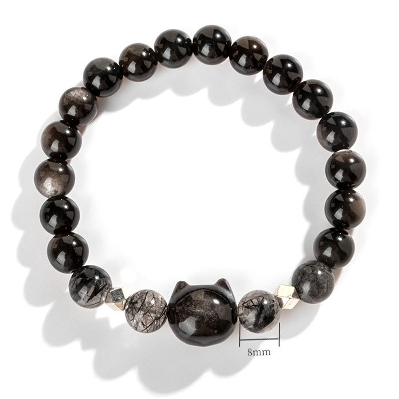 Fortune Jewel Natural Silver Sheen Obsidian Cute Cat Head Protection Bracelet