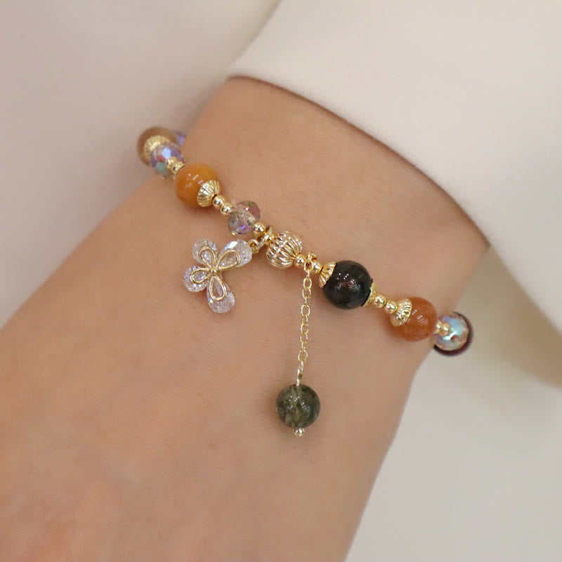Fortune Jewel Natural Fu Lu Shou Rainbow Crystal Rutilated Quartz Wealth Butterfly Charm Bracelet