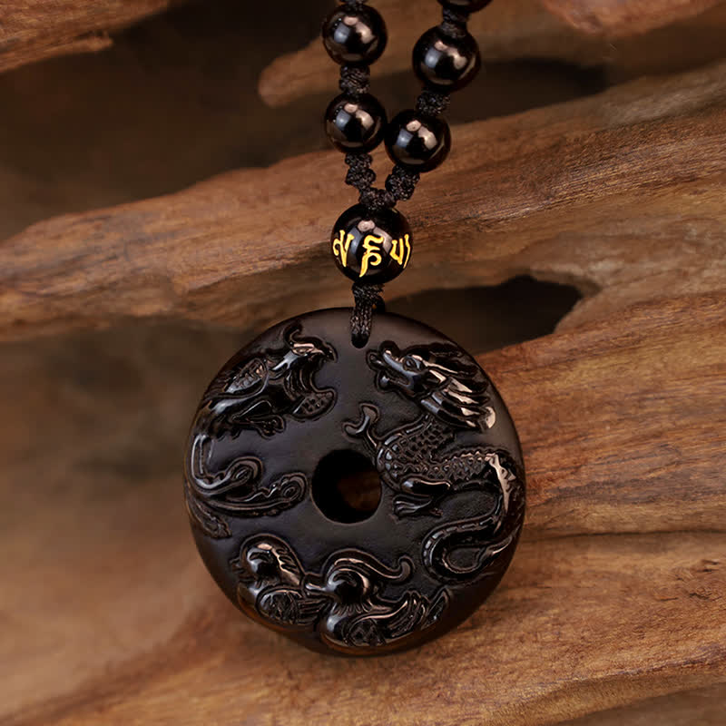 Fortune Jewel Black Obsidian Dragon Phoenix Mandarin Duck Luck Protection Necklace Pendant