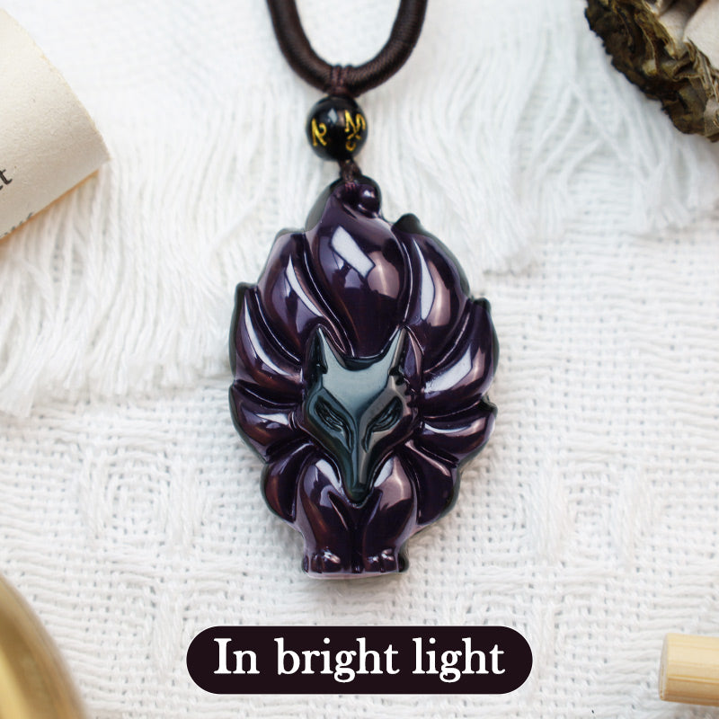 Fortune Jewel Natural Rainbow Obsidian Gold Sheen Obsidian Nine Tailed Fox Positive Necklace Pendant