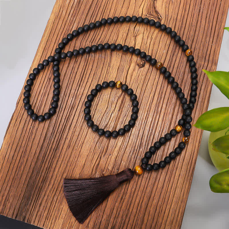 Fortune Jewel 108 Mala Beads Frosted Stone Tiger Eye Balance Bracelet Necklace Pendant