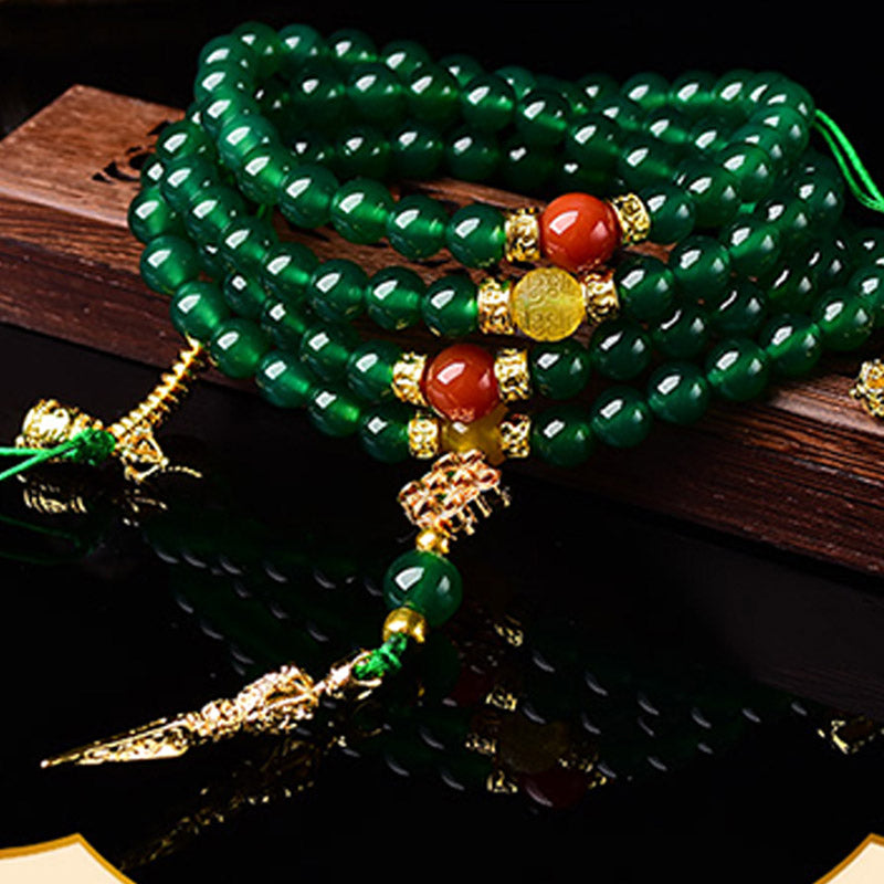 Fortune Jewel 108 Beads Natural Green Agate Success Bracelet Mala