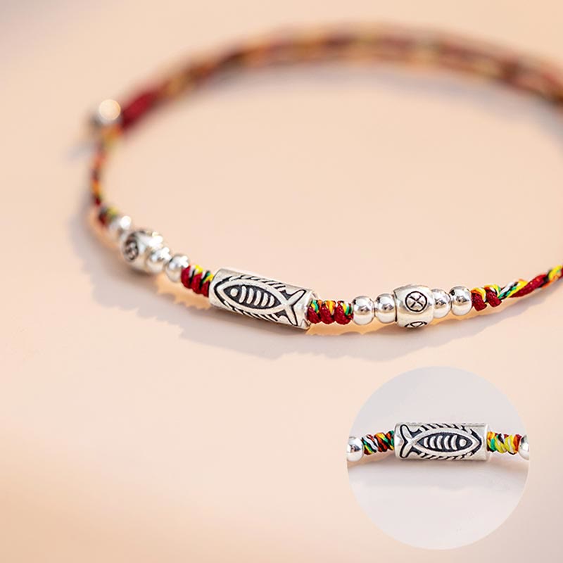 Fortune Jewel 925 Sterling Silver Luck Koi Fish Braided Colorful String Bracelet Anklet