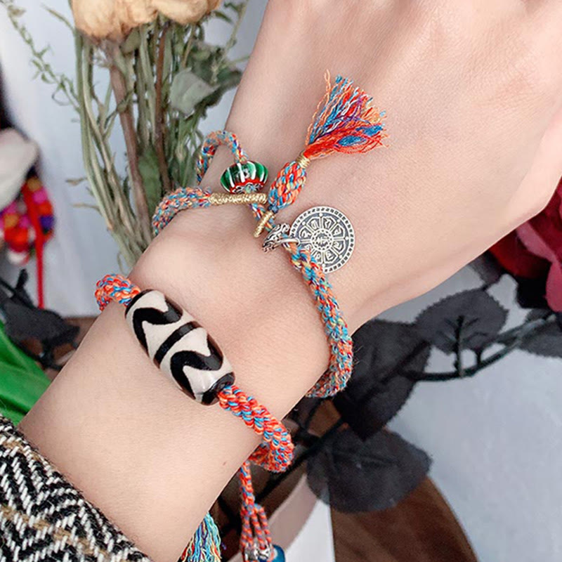 Fortune Jewel Tibetan 925 Sterling Silver Om Mani Padme Hum Handmade Dzi Bead Protection Braid Bracelet
